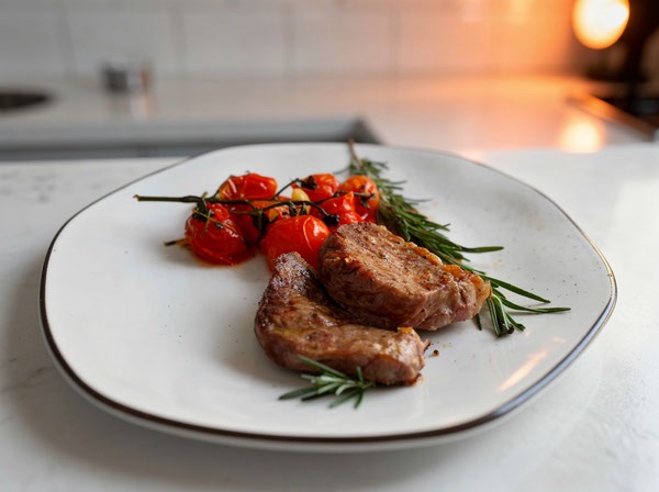 Prato de carne com tomates e ervas preparado no Empório