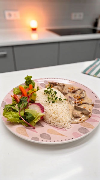 Prato com arroz, acompanhamento e salada servido no Empório